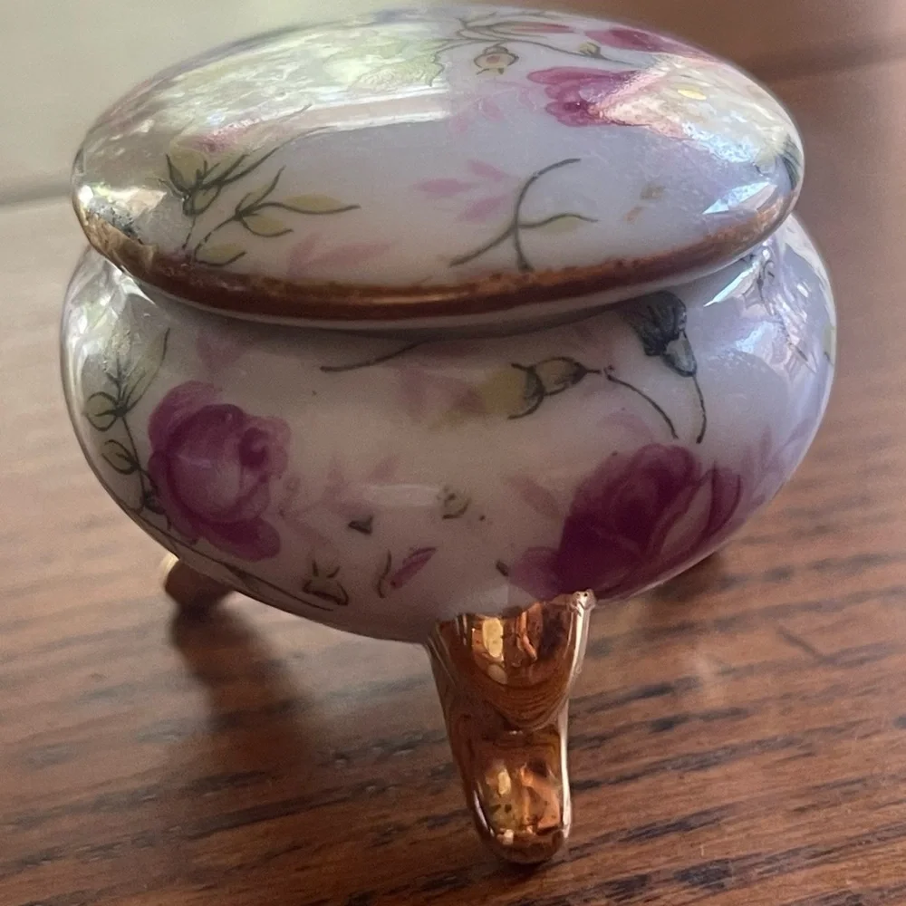 Vintage Lefton Rose Chintz Footed Trinket Box 1239 Jewelry Trinket Box